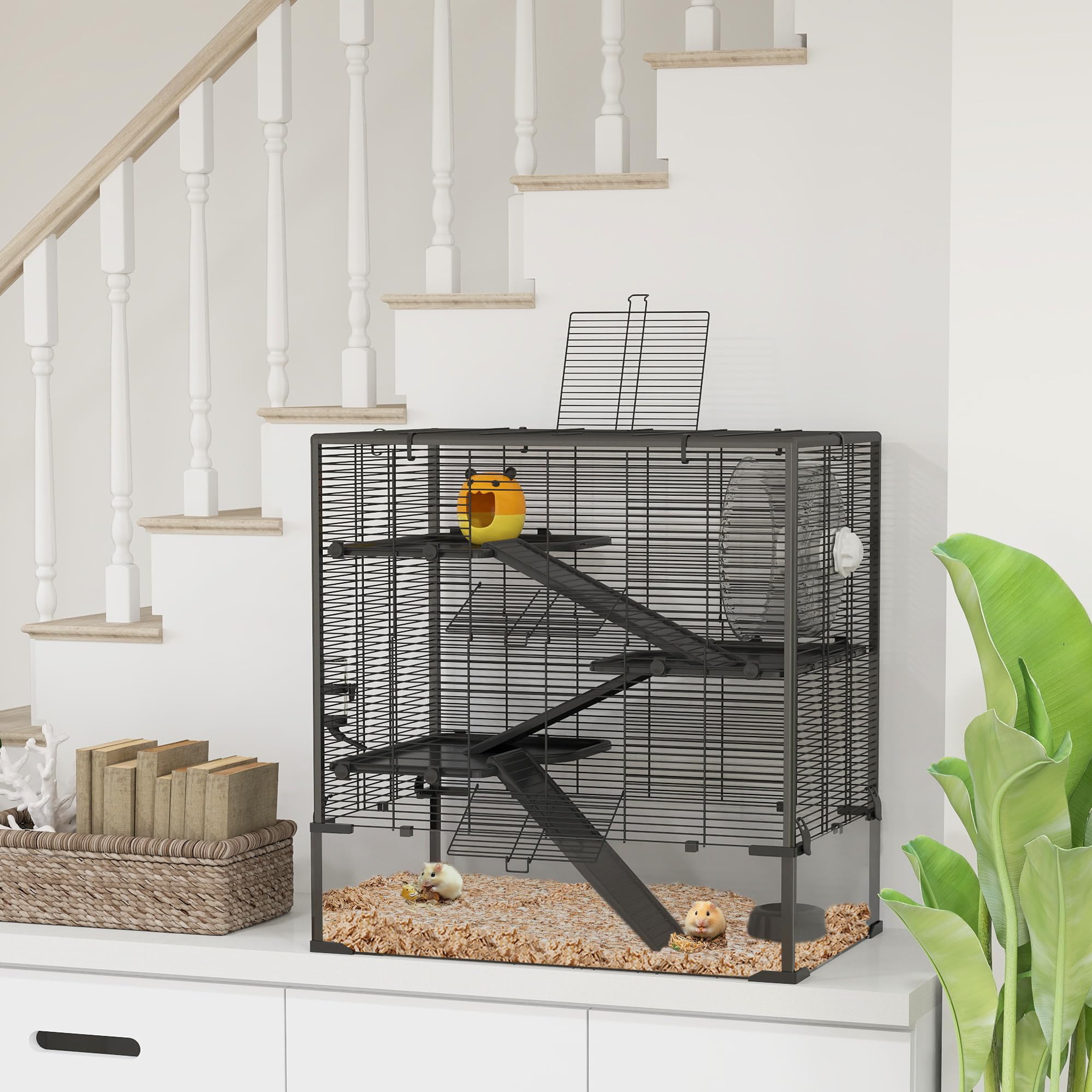 Pawhut Large Hamster Cage With Deep Tempered Glass Bottom, 4 Tiers Hamster Tank With Running Wheel, Hut, Water Bottle, Dish, Rat